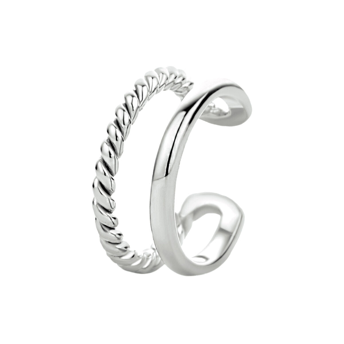 srebrny earcuff z gerhodynowaną powierzchnią, złożony z dwóch różnych elementów: gładkiego i skręconego.