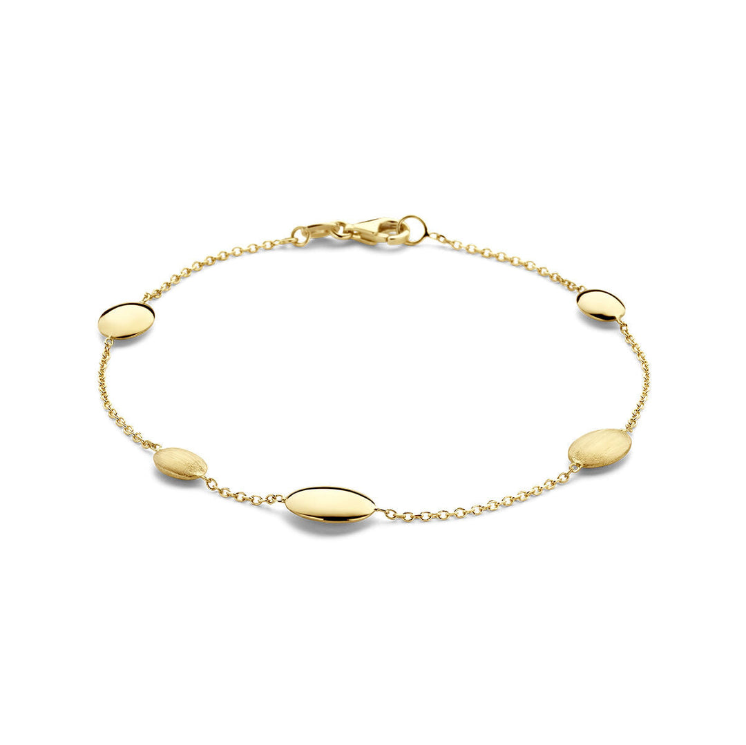 Elegante 14K gouden armband dames poli/mat van Van der Kooij Collectie, met vier ovale goudkleurige kralen gelijkmatig verdeeld over de schakel met een veilige karabijnsluiting.