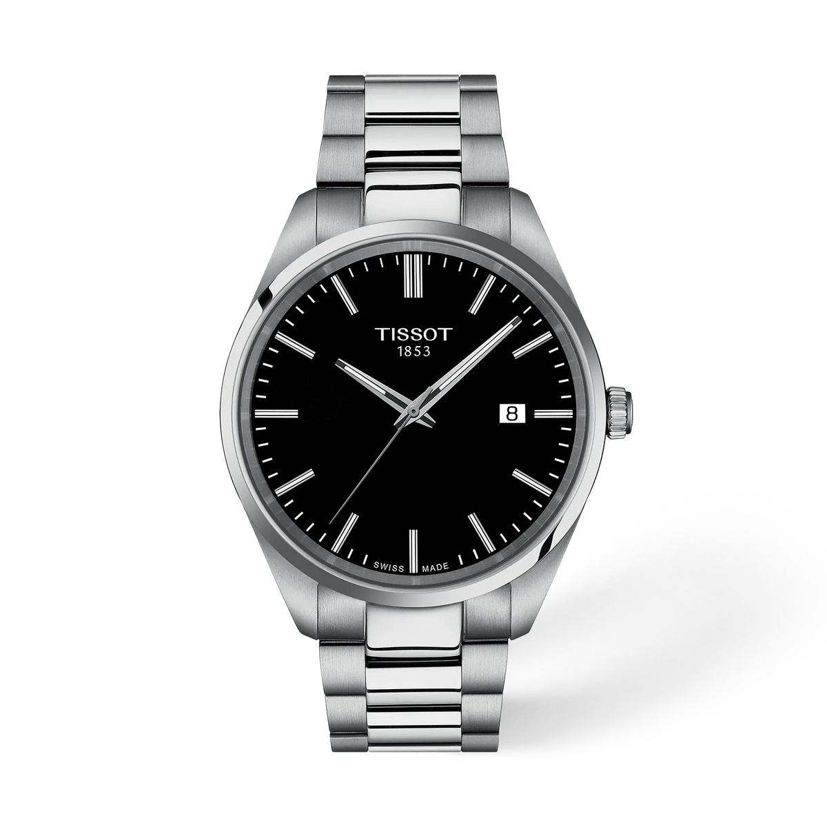 Zegarek Tissot PR 100 o średnicy 40 mm, z czarną tarczą i stalową bransoletą.