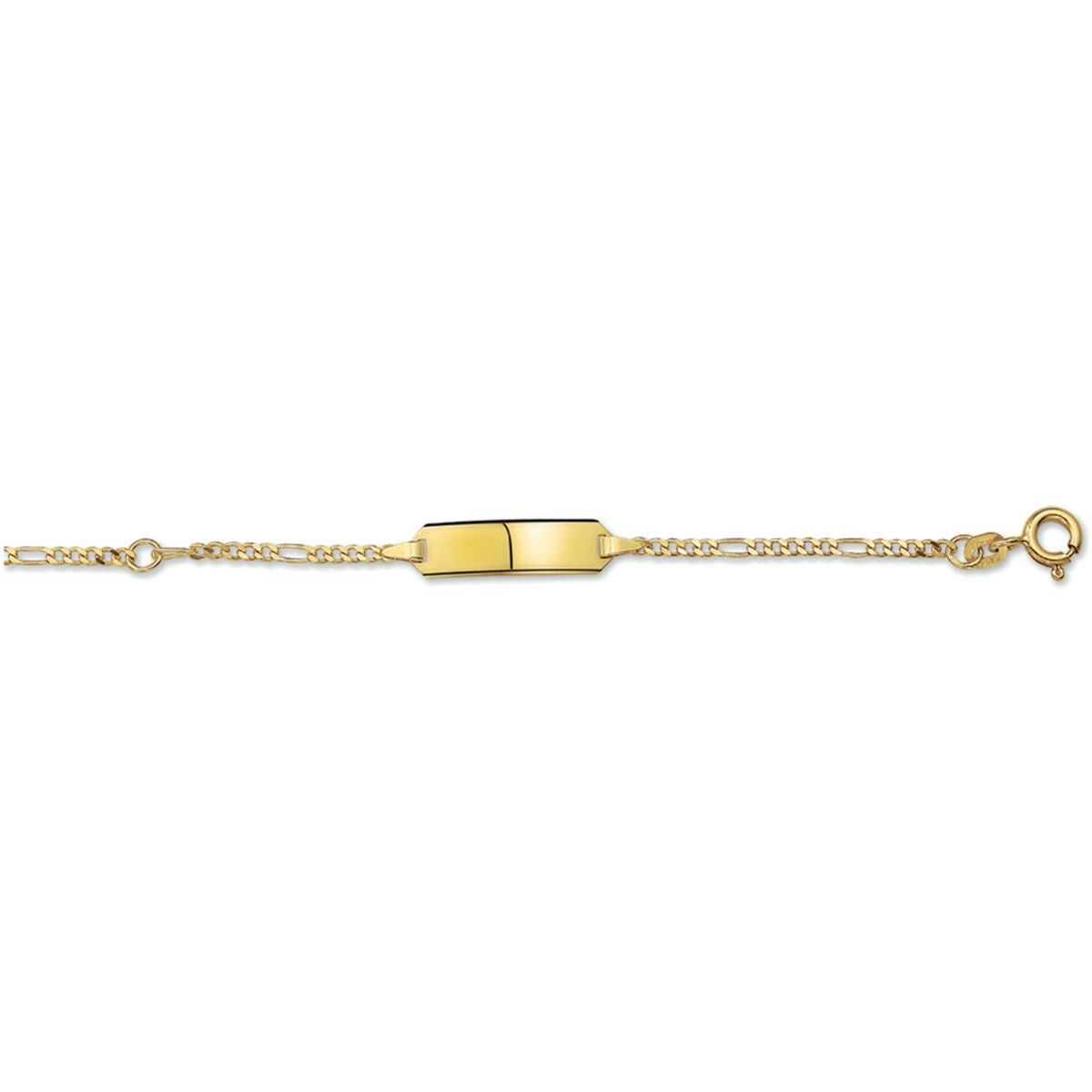 De Van der Kooij Collectie Baby armband goud figaro plaat 5,0 mm 14K is een unisex kinderarmband in 14K geelgoud met een rechthoekige plaat en Figaro schakel—ideaal als graveerarmbandje voor een persoonlijke gravering.
