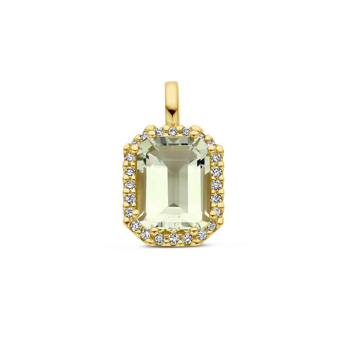 Wisiorek z zielonym ametystem i diamentami 0,10 ct w halo z 18K żółtego złota.