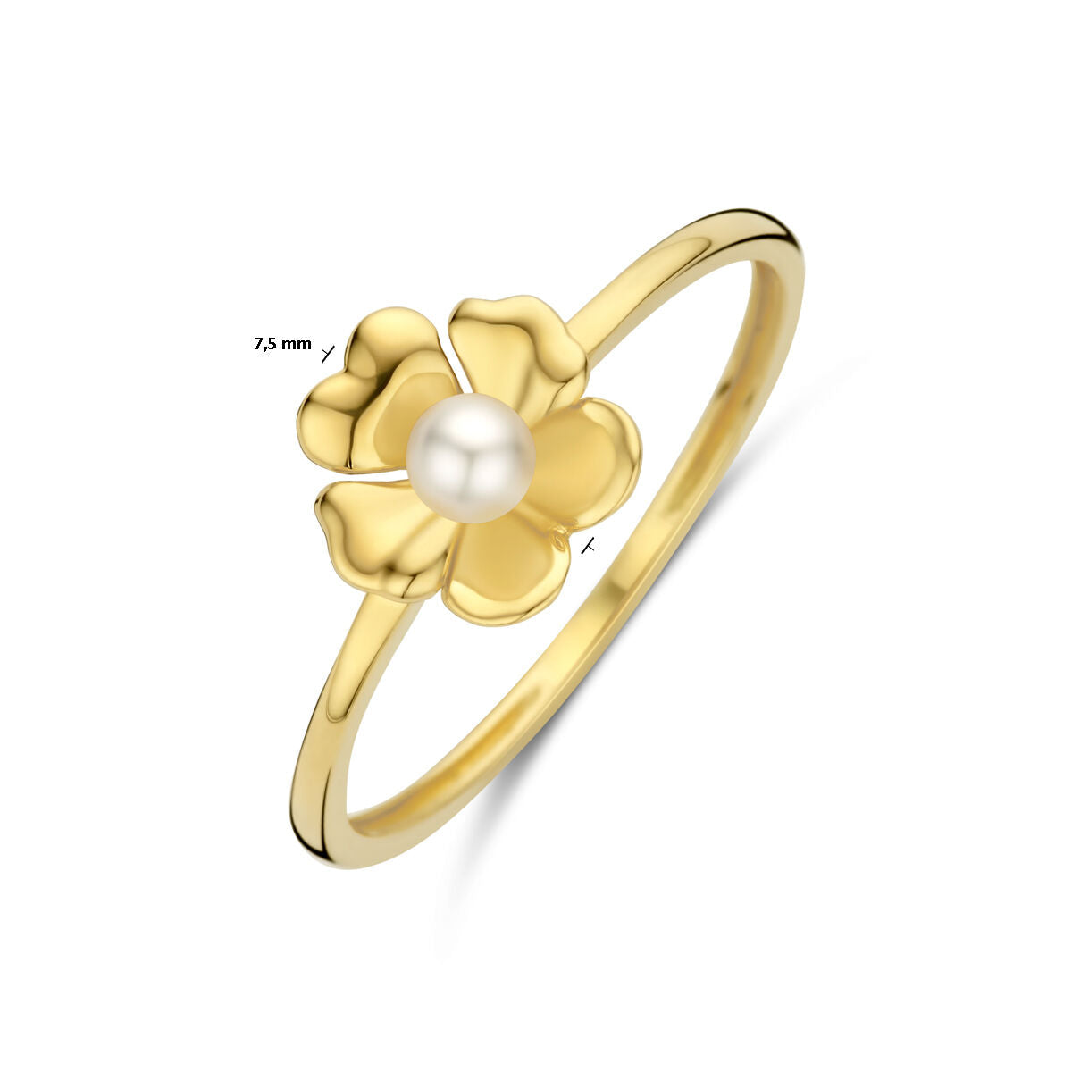 De Van der Kooij Collectie ring bloem parel 14K geelgoud heeft een bloem met vijf blaadjes en een centrale zoetwaterparel (7,5 mm diameter), gezet in een witgekleurde achtergrond.