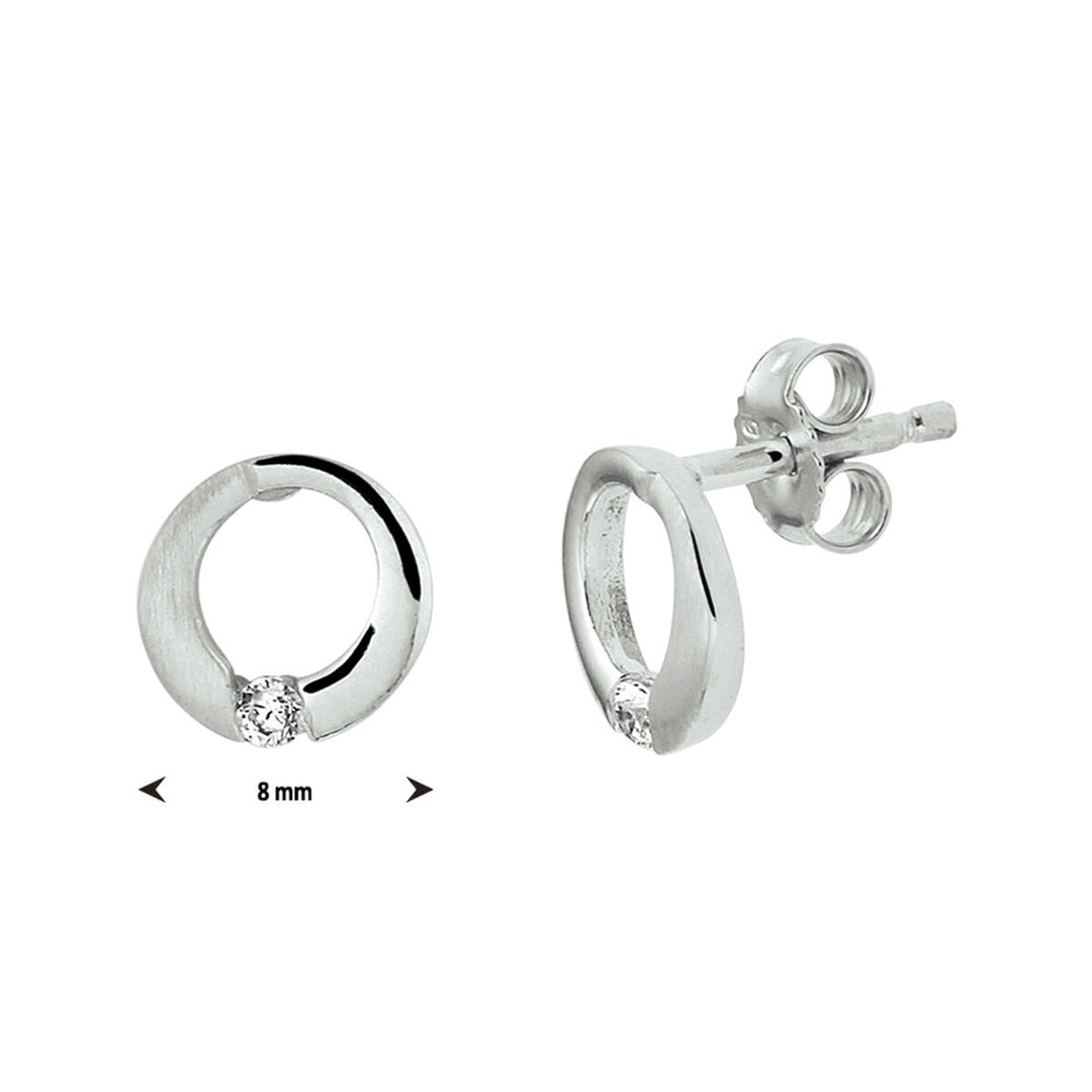 Van der Kooij Collectie oorknoppen rondje zirkonia poli/mat zilver gerhodineerd: ronde oorstekers met open cirkel en kleine heldere zirkonia onderaan, doorsnede 8 mm.