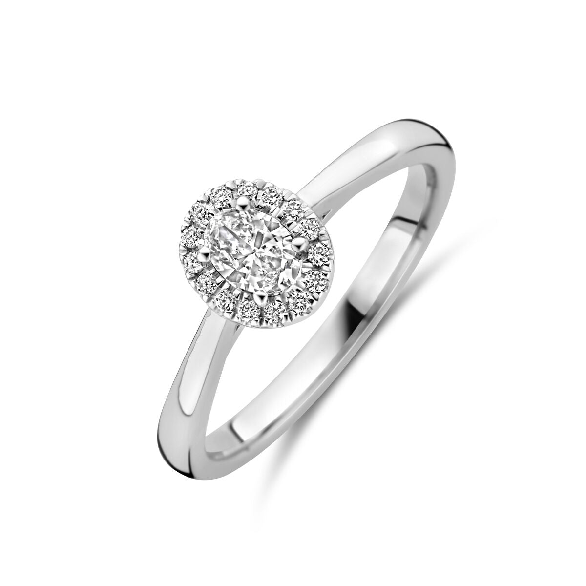 pierścionek z lab-grown diamentem 0,32 ct, wykonany z białego złota 14K, okrągła forma z diamentami.