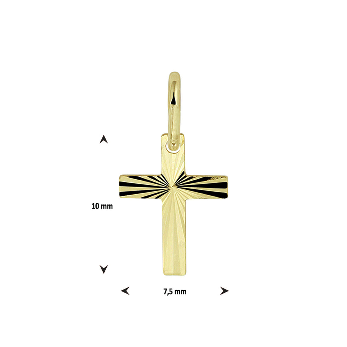 masywny wisiorek w kształcie krzyża z 14-karatowego żółtego złota, o wymiarach 10 mm na 7,5 mm.
