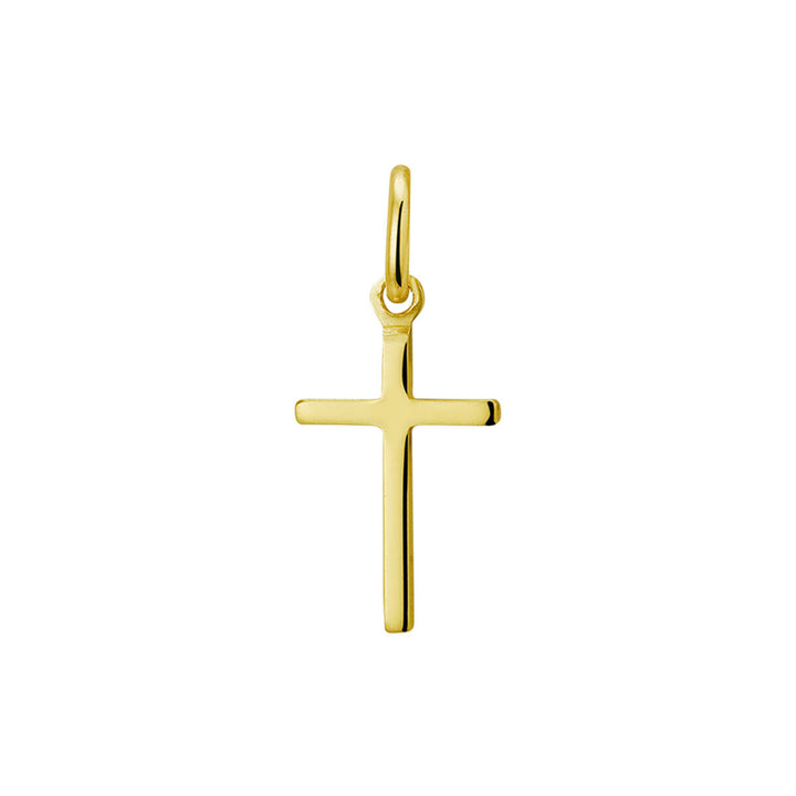 De hanger kruis 3 micron zilver verguld (geel) van Van der Kooij Collectie is een strakke unisex kruishanger met gladde randen en een kleine toplus, afgebeeld op een effen witte achtergrond.