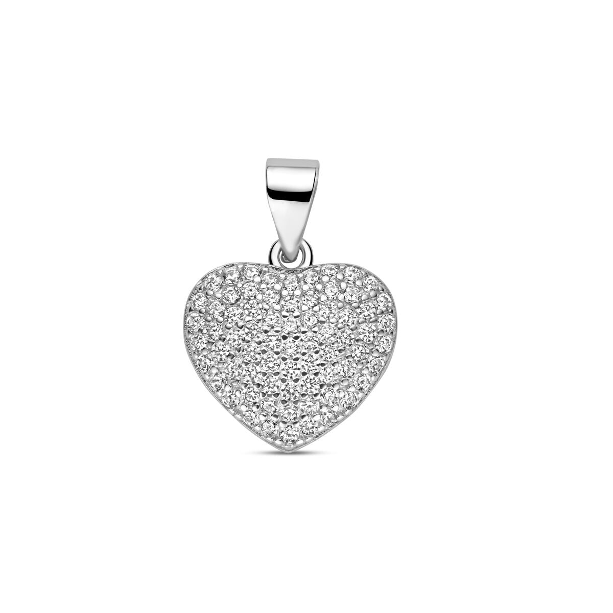 Zilveren hartjes hanger van gerhodineerd 925 zilver, bezet met zirkonia steentjes.
