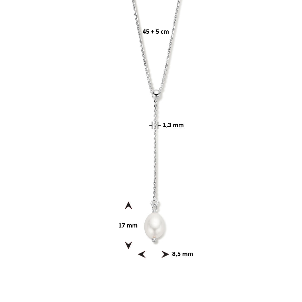 Het y-collier parel 45 + 5 cm zilver gerhodineerd van Van der Kooij Collectie heeft een verticale staaf (1,3 mm breed) met een ovale witte zoetwaterparel (17 x 8,5 mm) aan de hanger.