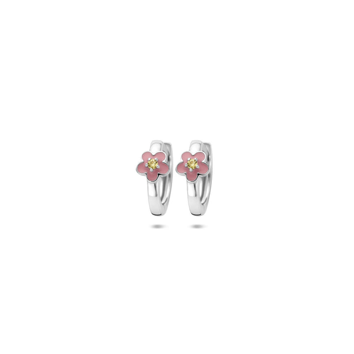 Zilveren klapoorringen met emaille bloem en gele zirkonia – 12 x 4.5 mm