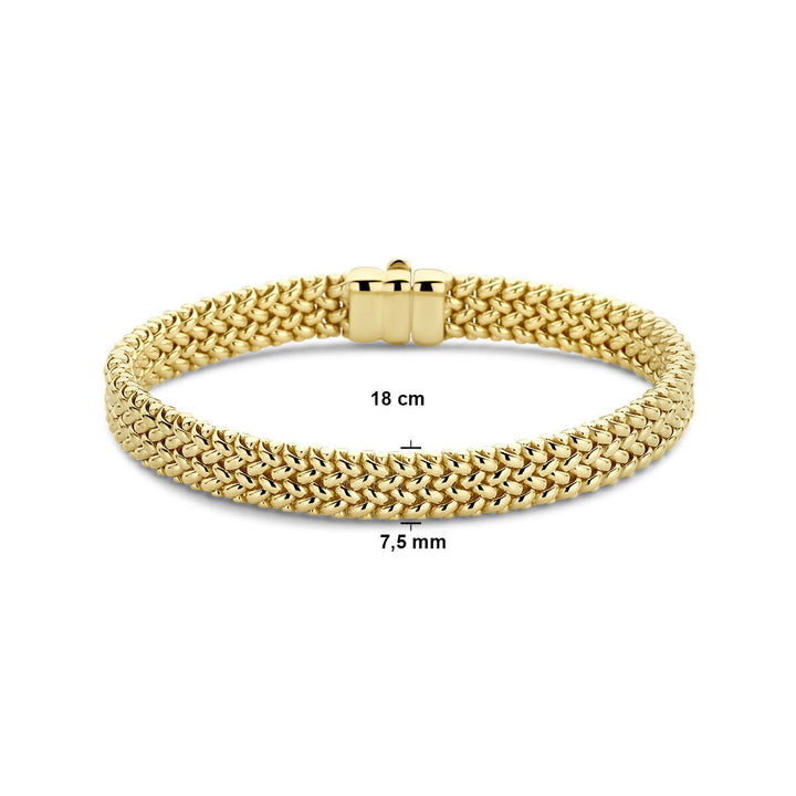 De Gouden armband dames 14K van Van der Kooij Collectie heeft geweven schakels, een sluiting, is 18 cm lang en 7,5 mm breed. Elegant gepresenteerd op witte achtergrond, straalt deze armband tijdloze verfijning uit.