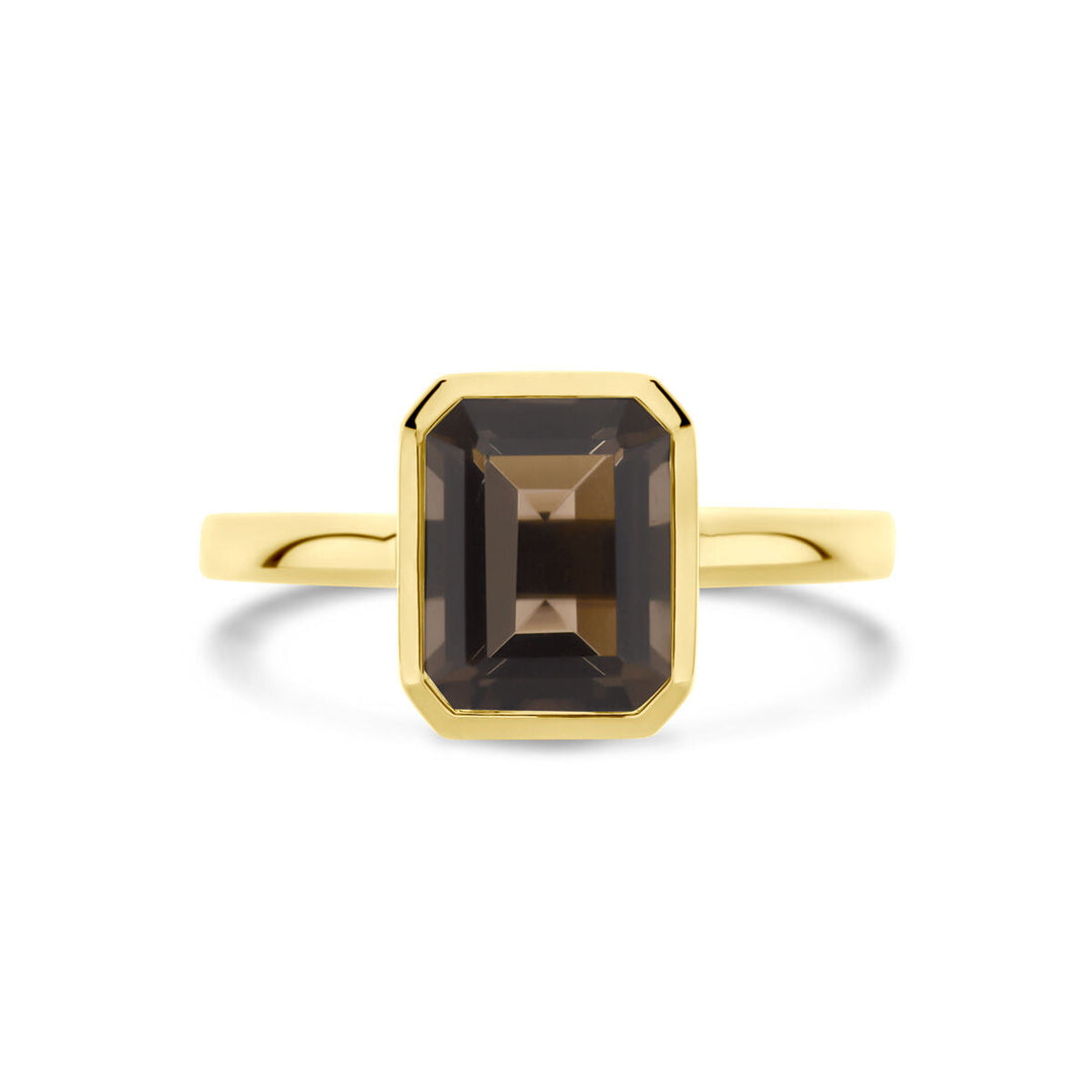 De Van der Kooij Collectie ring rookkwarts 14K geelgoud heeft een rechthoekige, smaragd geslepen rookkwarts edelsteen op een eenvoudige gepolijste gouden band, zichtbaar vanaf de voorkant.