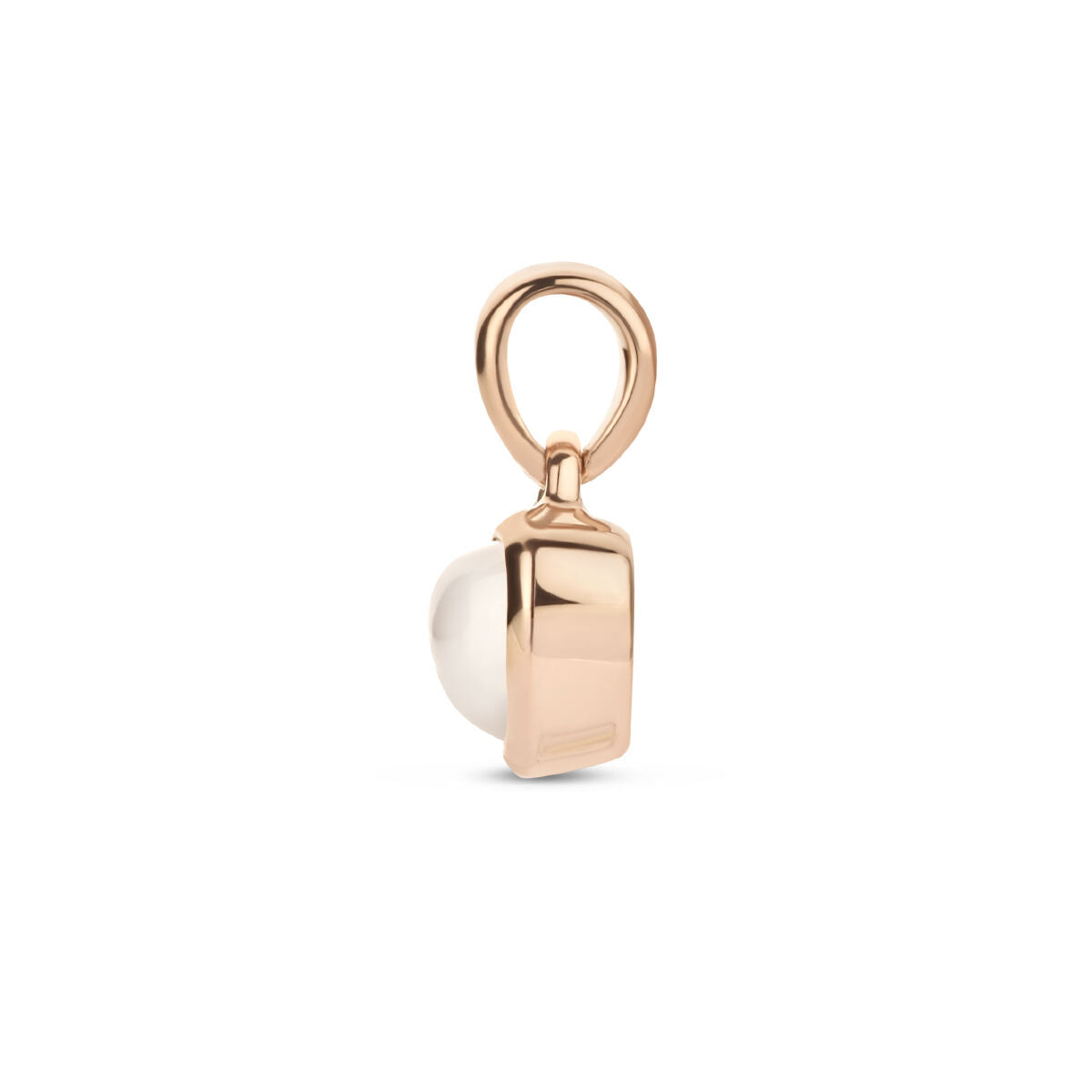 Een 14k roségouden hanger in de vorm van een hart, bezet met maansteen, van Van der Kooij Collectie, gefotografeerd tegen een effen witte achtergrond.