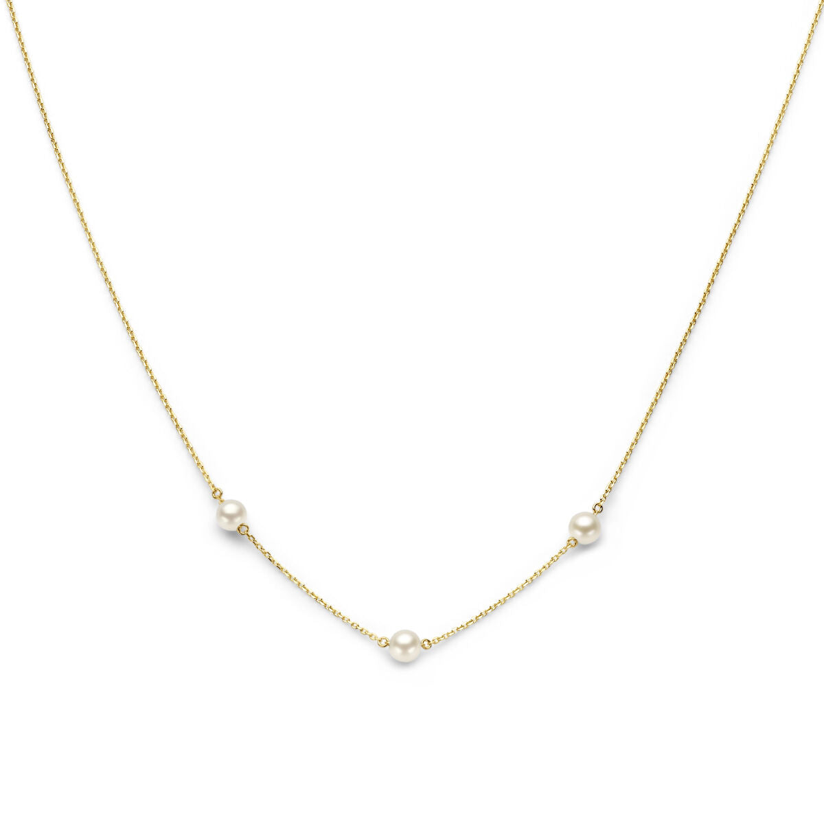 Gouden dames ketting van 14K met drie parels in een verfijnde opstelling.