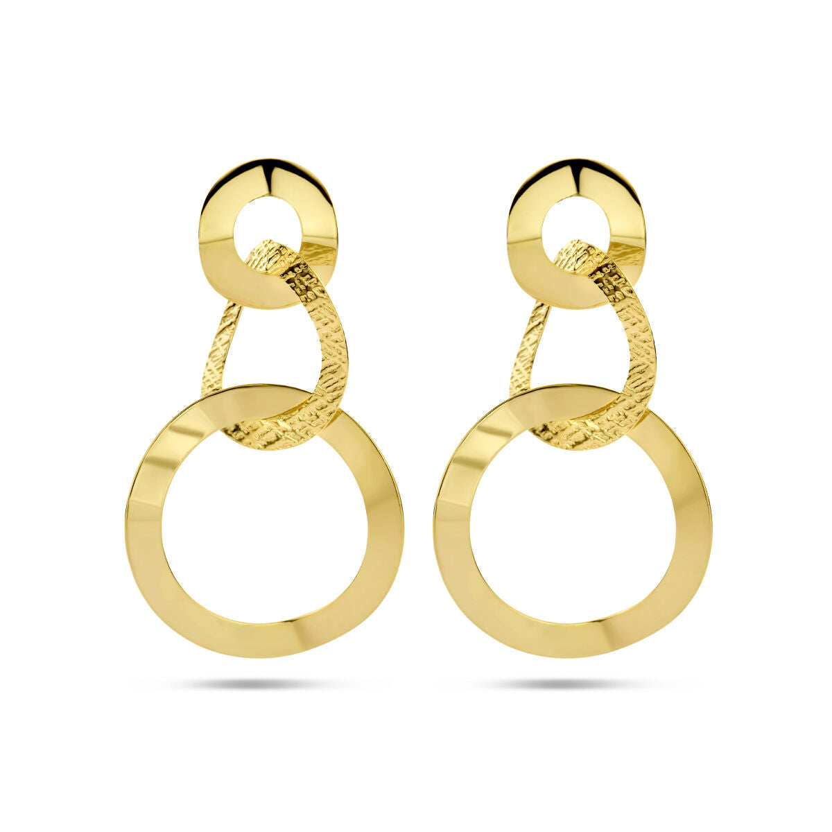 Oorhangers van verguld zilver met een matte en gepolijste afwerking, bestaande uit twee ringen.