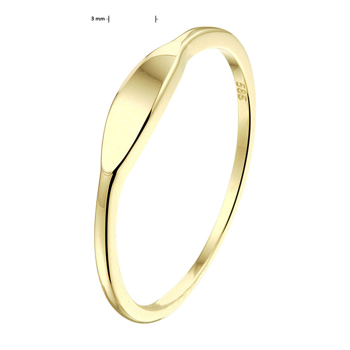 De graveerring 14K geelgoud van Van der Kooij Collectie heeft een dunne, gepolijste band (3 mm), een gladde ovale platte bovenkant en is aan de binnenkant gemarkeerd met 585 - een tijdloze toevoeging aan elke sieradencollectie.