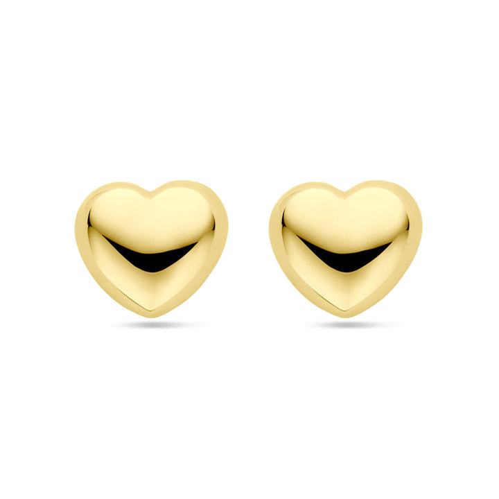 Een paar oorknoppen hartje 1 micron zilver verguld (geel) van Van der Kooij Collectie op een effen witte achtergrond - perfect als Valentijn cadeau.