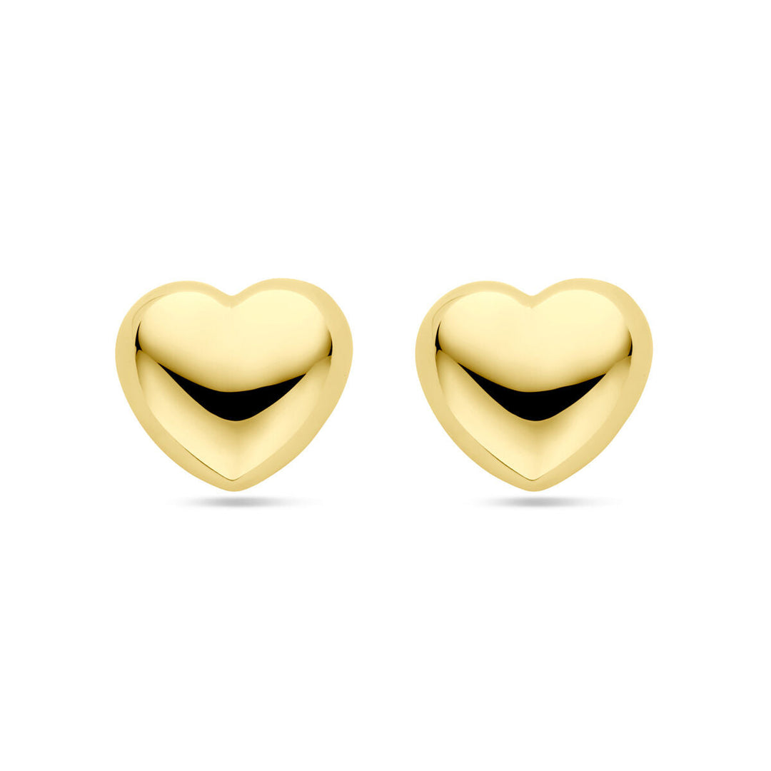 De oorknoppen hartje 1 micron zilver verguld (geel) van Van der Kooij Collectie worden getoond op een wit achtergrond-een elegant valentijn cadeau voor een bijzonder persoon.