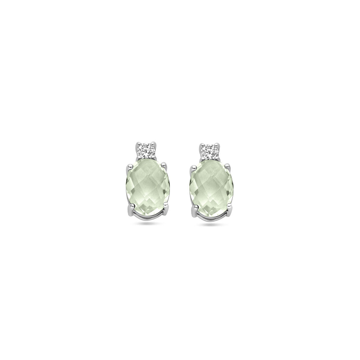 Oorknoppen met groene amethist en zirkonia, 10,5 mm, zilver gerhodineerd.