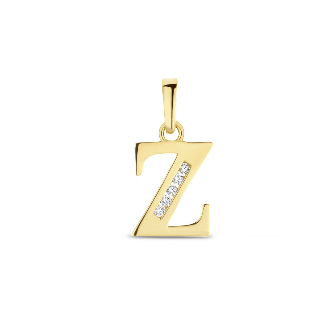 De hanger letter zirkonia 14K geelgoud uit de Van der Kooij Collectie is vormgegeven als een Z, met een diagonale rij sprankelende zirkonia's voor een elegante uitstraling.
