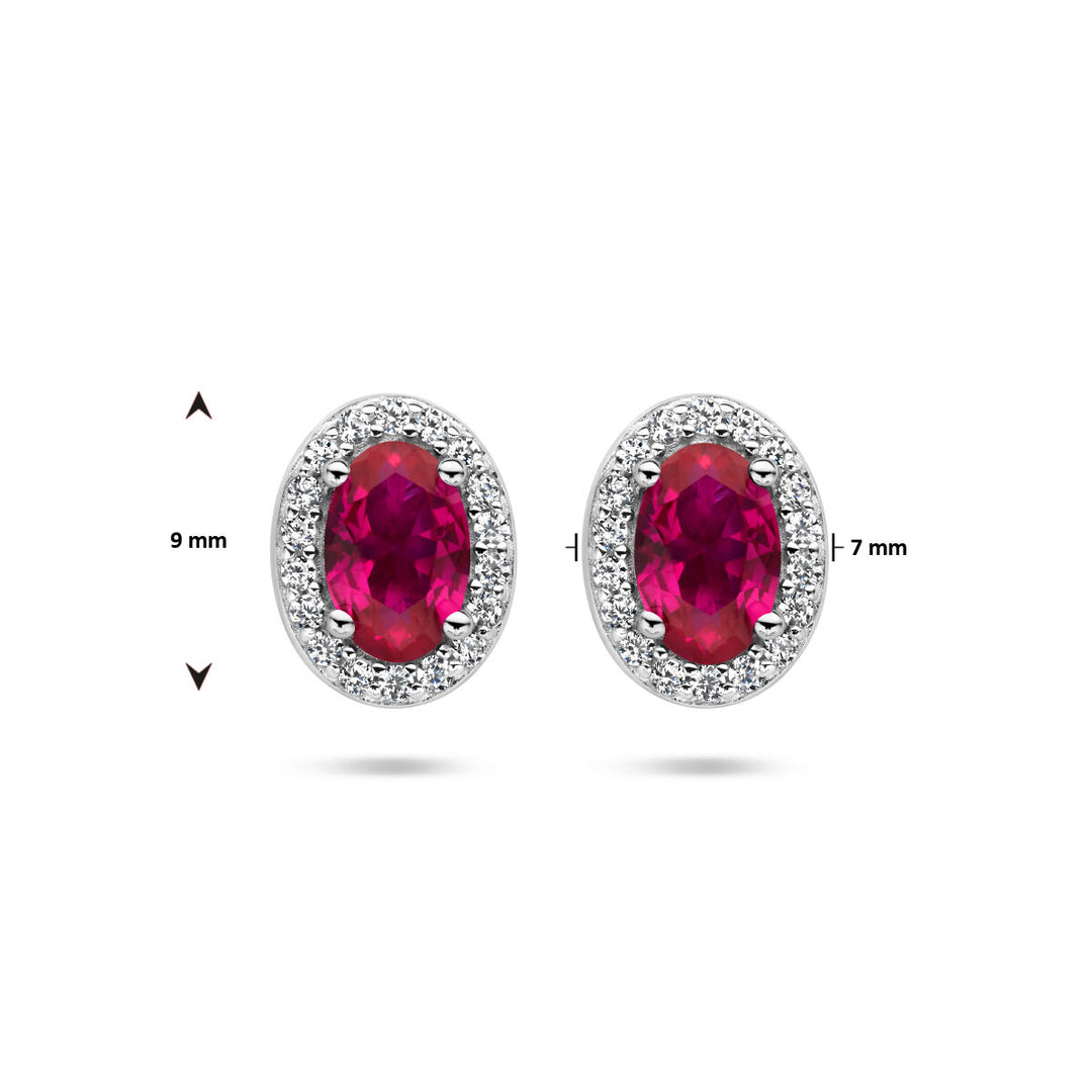oorknoppen rood en wit zirkonia halo zilver gerhodineerd
