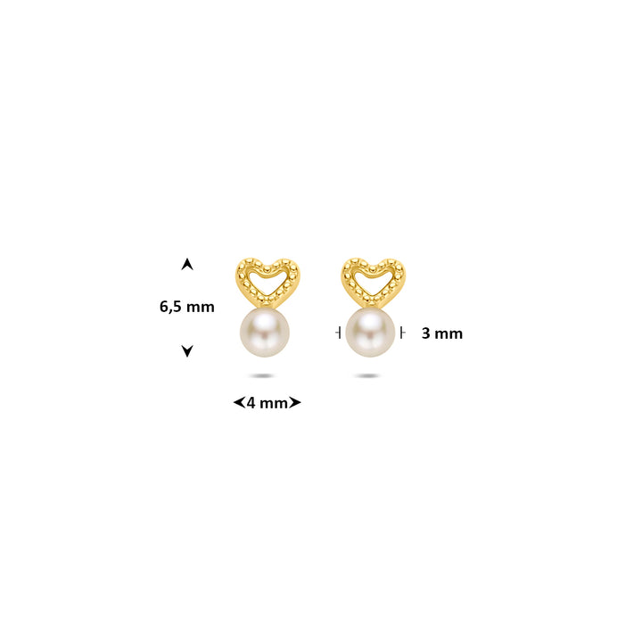 9k oorknoppen hartje en parel 6,5 mm 9K geel