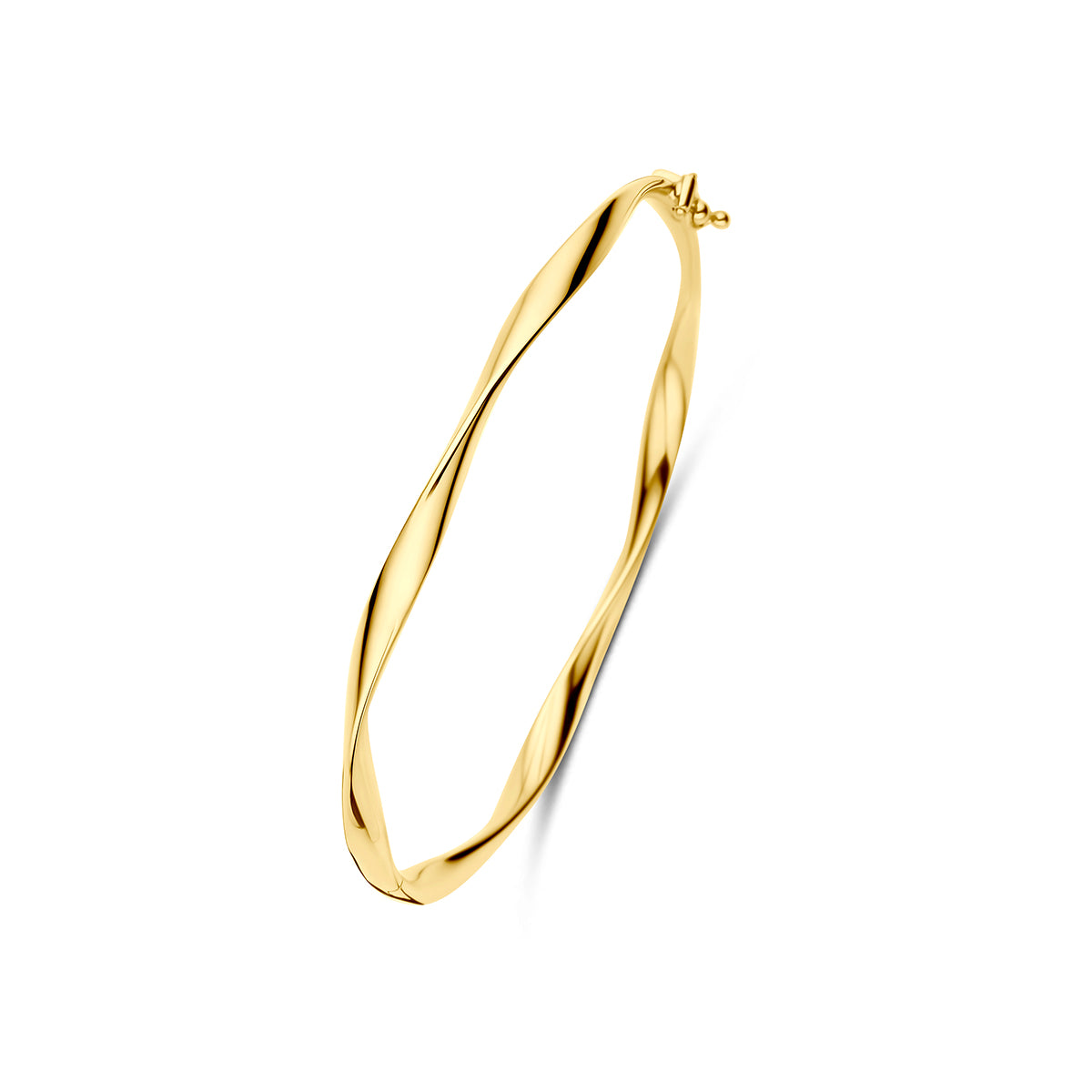 Złota bransoleta o skręconym kształcie, szerokość 4 mm, długość 62 mm.