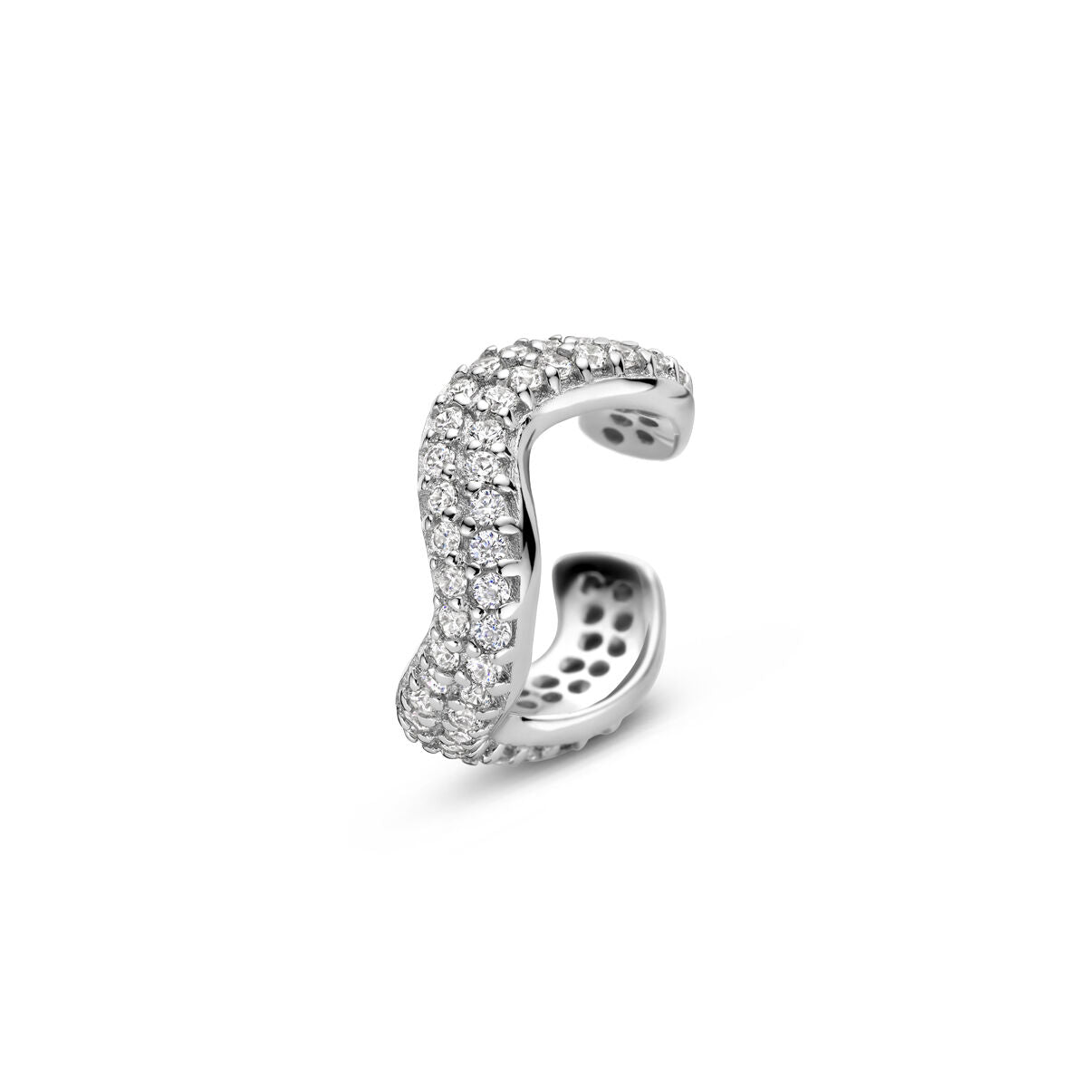 Srebrny ear cuff z pavé cyrkoniami, gerhodynowany, o falistym kształcie.