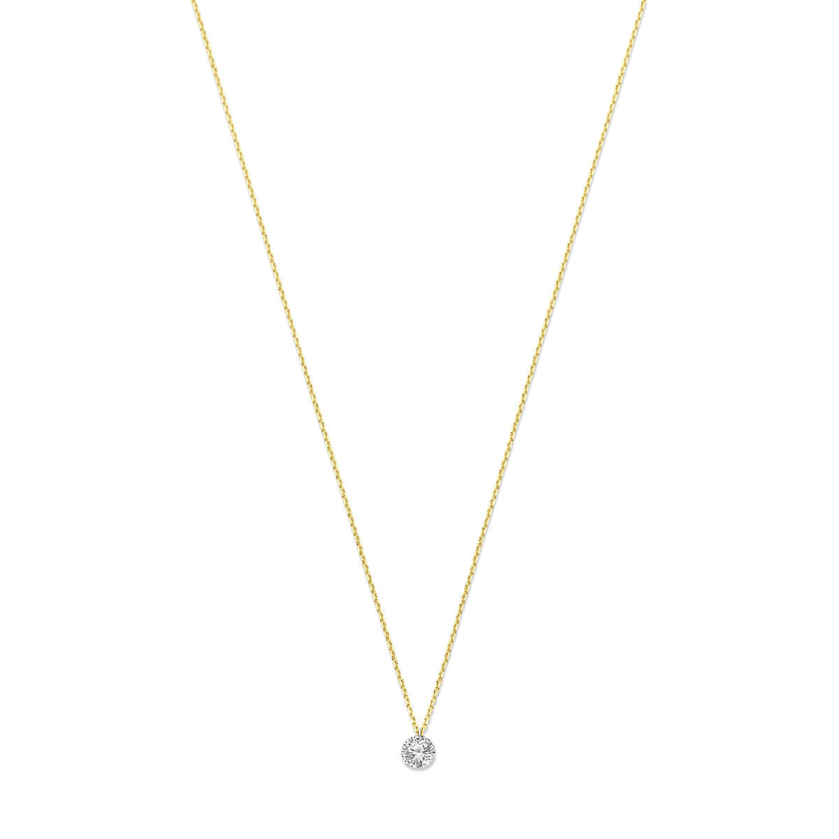Naszyjnik z lab-grown diamentem o średnicy 0,7 mm, zawieszony na złotym łańcuszku 14K.