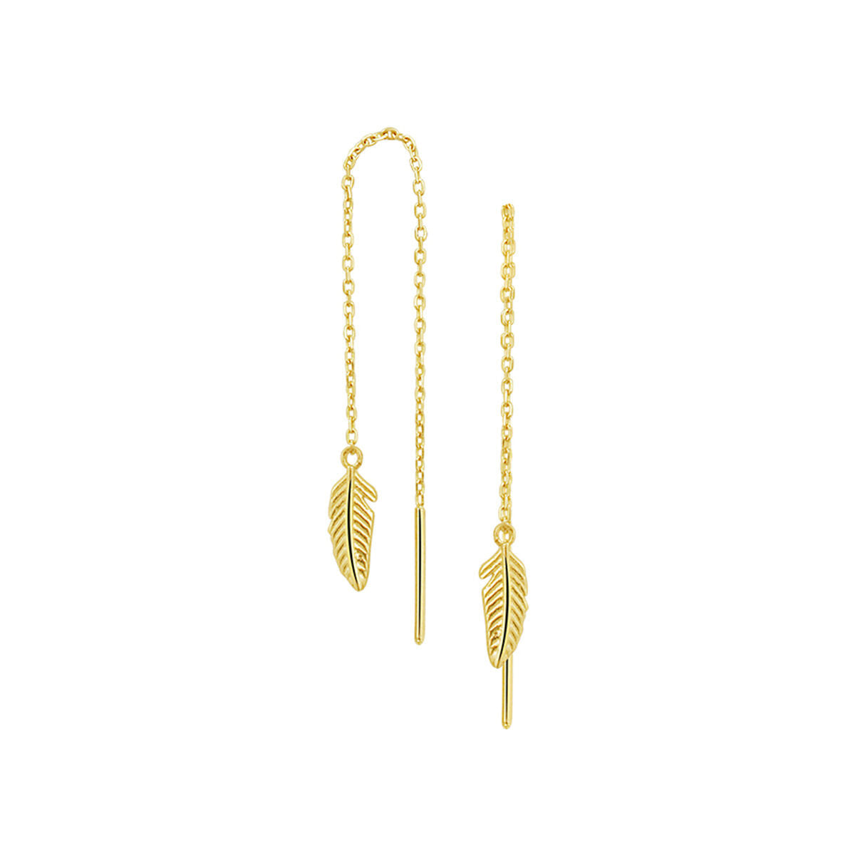 Kolczyki do uszu w kształcie pióra z 14K żółtego złota, z długim łańcuszkiem.