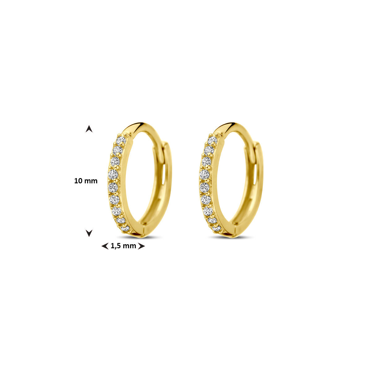 Van der Kooij Collectie klapoorringen zirkonia 10 mm in 14K geelgoud: deze damesoorringen zijn bezet met heldere ronde zirkonia en hebben een diameter van 10 mm en een dikte van minder dan 1,5 mm. Perfect voor sieradencollecties.