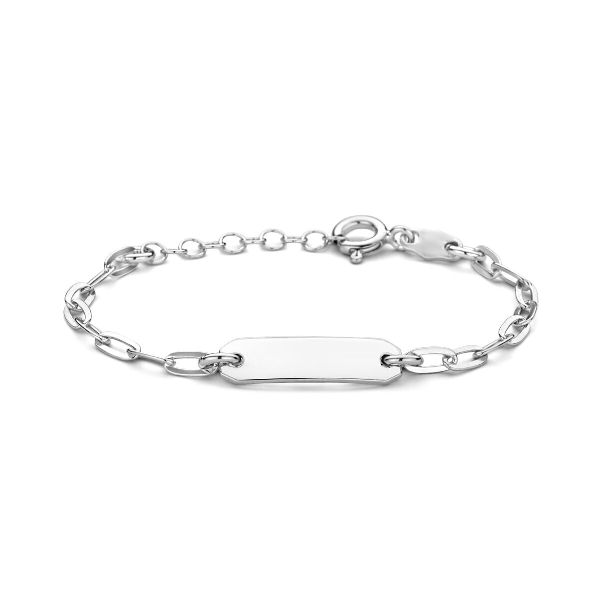 Srebrna bransoletka typu paperclip z płaską tabliczką o szerokości 5,0 mm, pokryta rhodium.