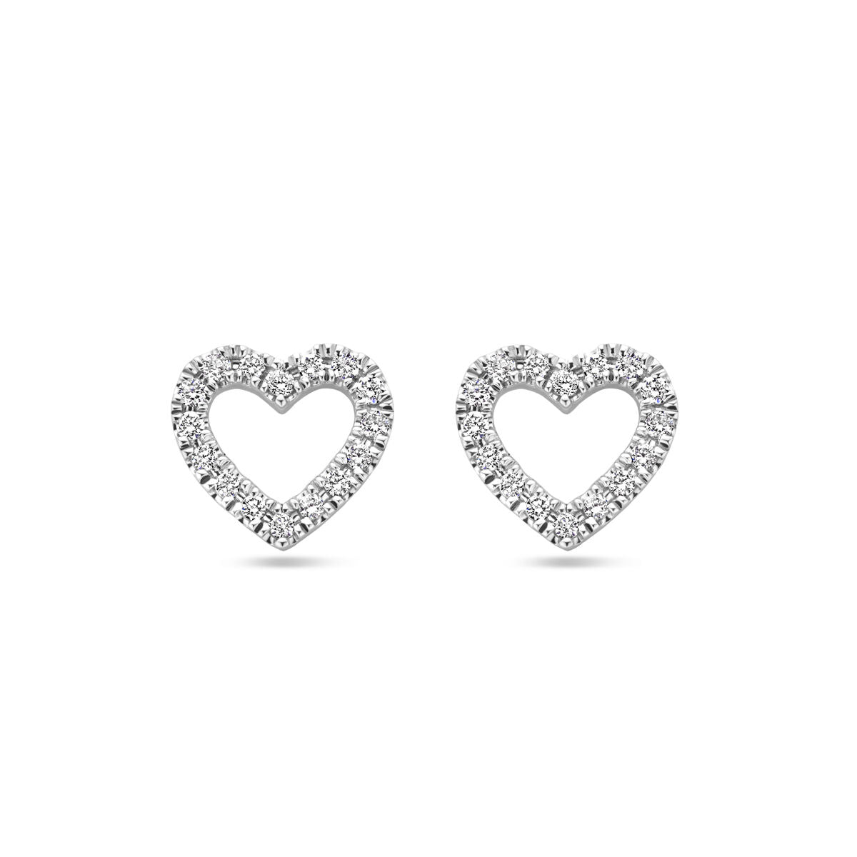 Oorknoppen in de vorm van een hartje van 14K witgoud, bezet met diamanten van in totaal 0.11ct.