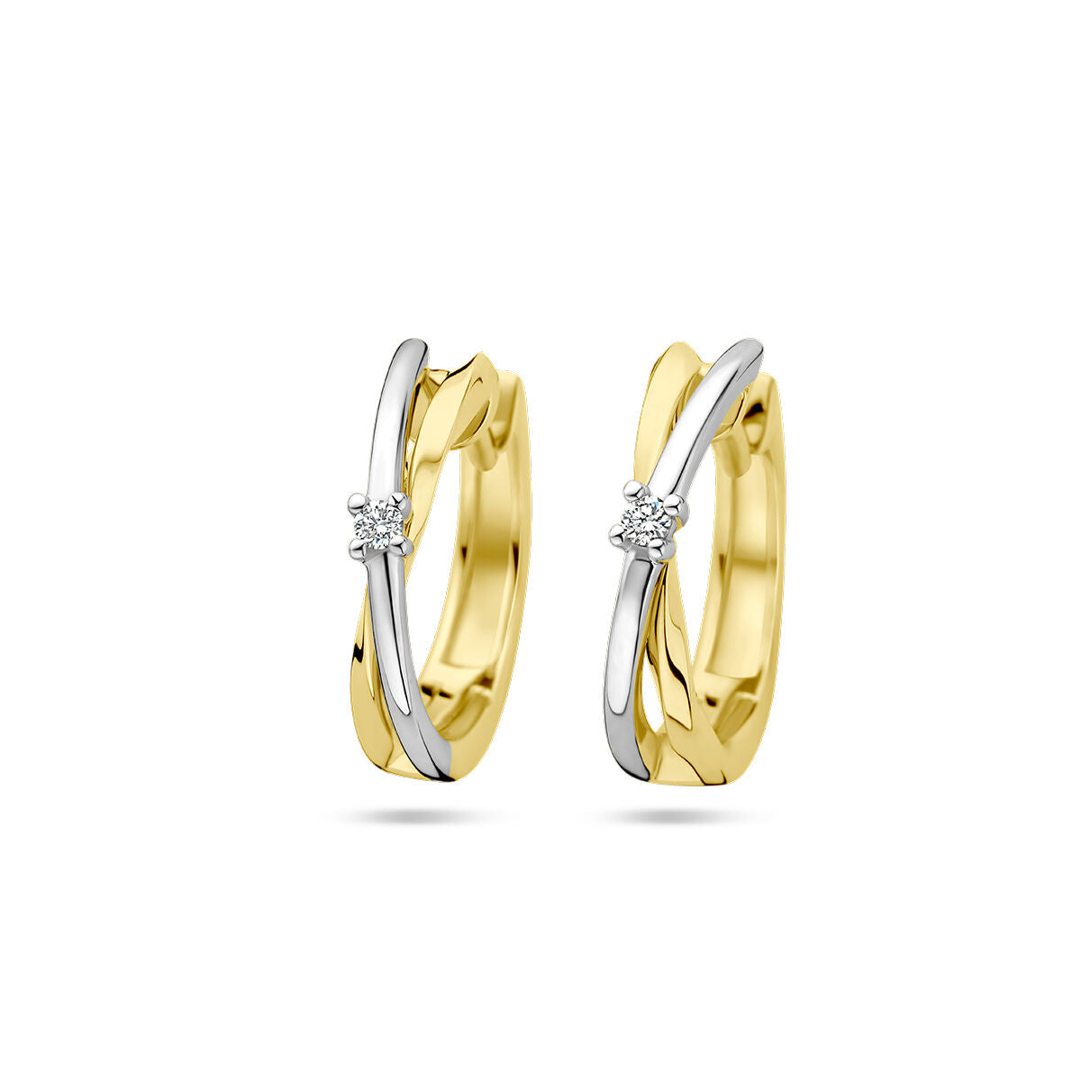 Złote kolczyki kreolki bicolor z diamentem 0,03 ct, z połyskującą powierzchnią i eleganckim wzorem.
