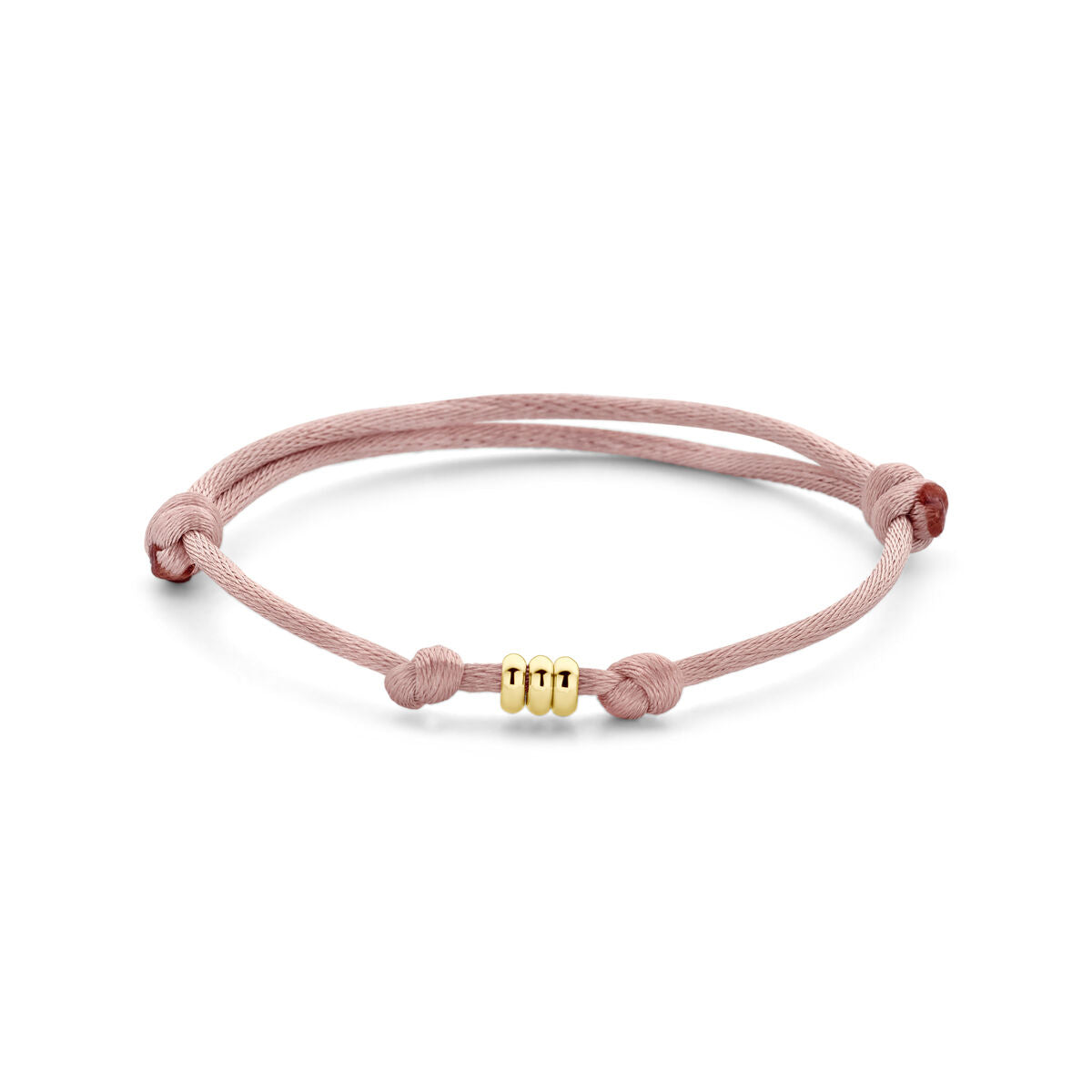 Bransoletka satynowa w kolorze różowym z elementem ze złota 14K, regulowana długość 13-26 cm.