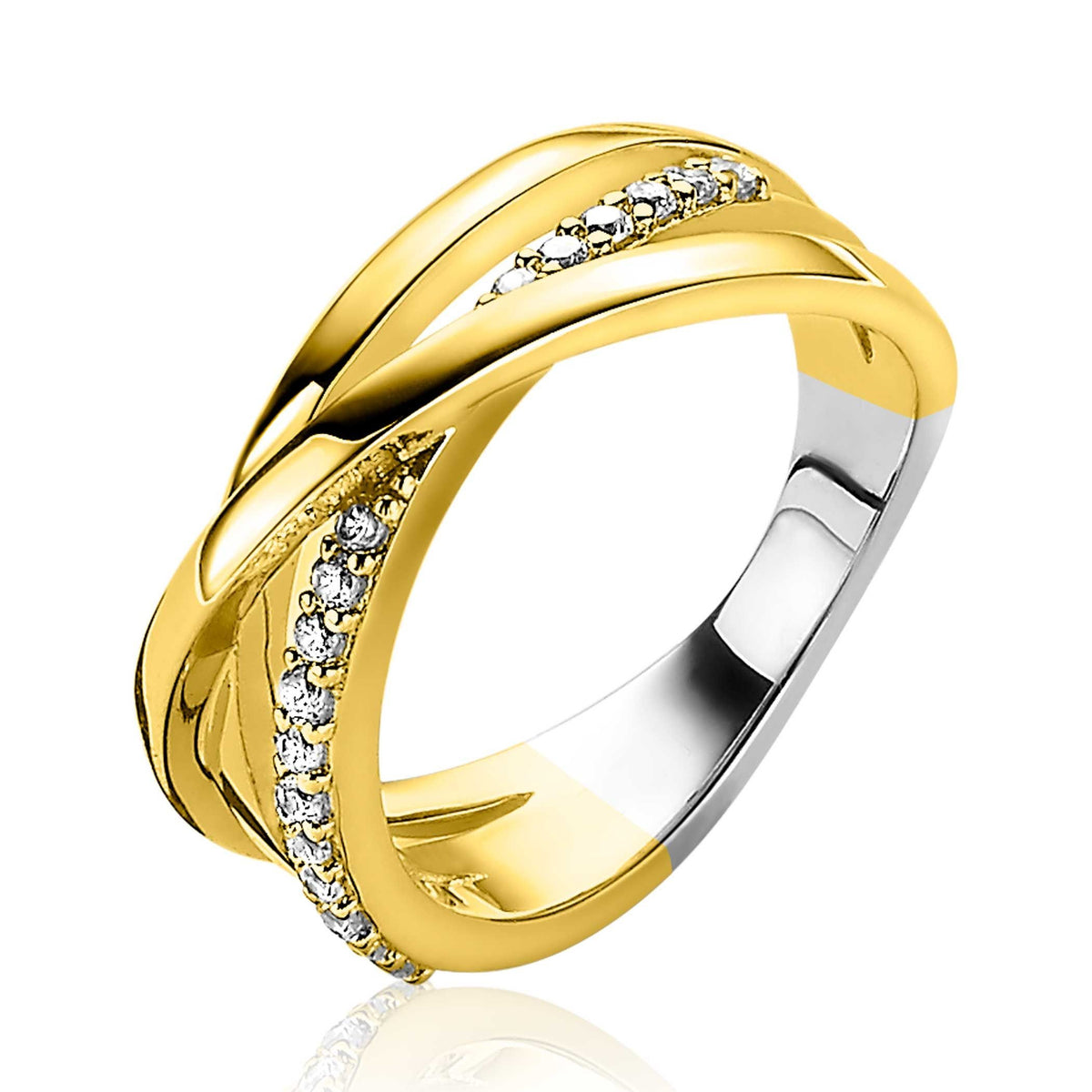 De Zinzi Ring Gold Plated ZIR1774Y heeft een luxueus gedraaid cross-over ontwerp in verguld zilver, met heldere edelstenen gezet langs de gouden band voor extra schittering.