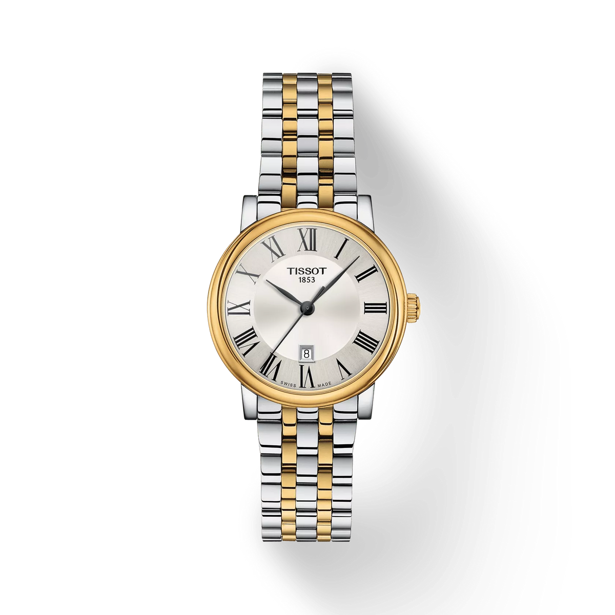 Zilveren dameshorloge met een gouden bezel en een witte wijzerplaat met Romeinse cijfers.