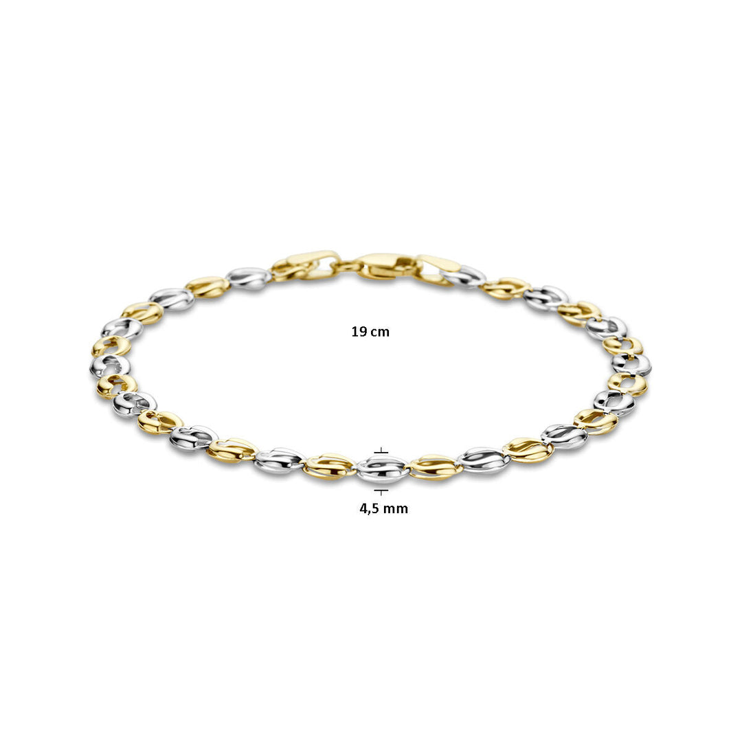De Van der Kooij Collectie Gouden armband dames 14K bicolor heeft afwisselend gouden en zilveren schakels, is 19 cm lang en 4,5 mm breed en is elegant gefotografeerd op een witte achtergrond.