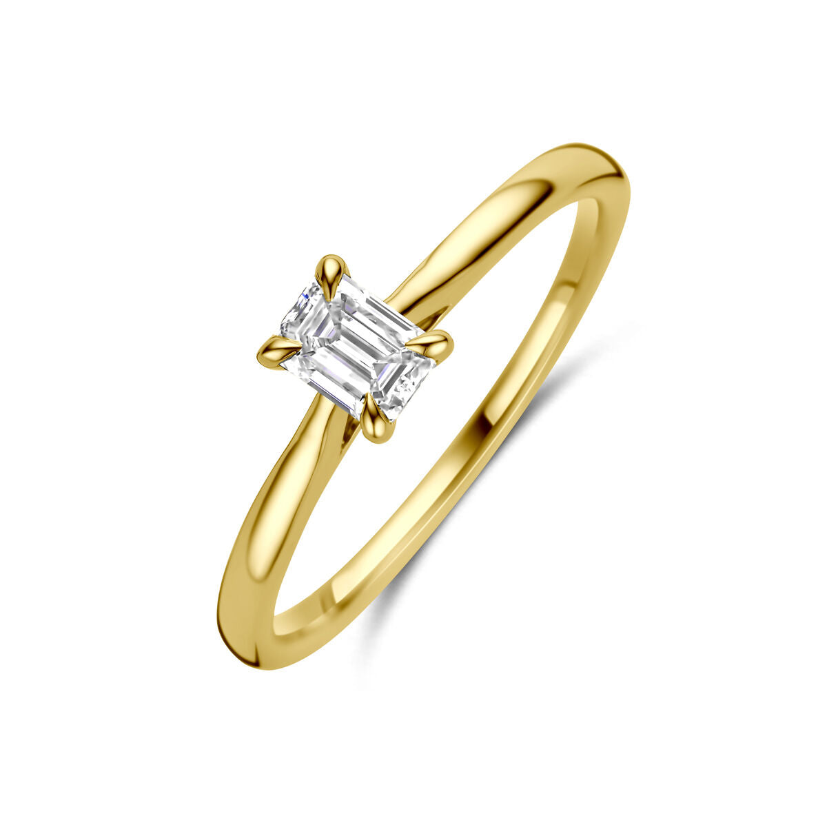 Pierścionek z lab-grown diamentem 0,50 ct w oprawie z 14K żółtego złota, z prostokątnym kamieniem.