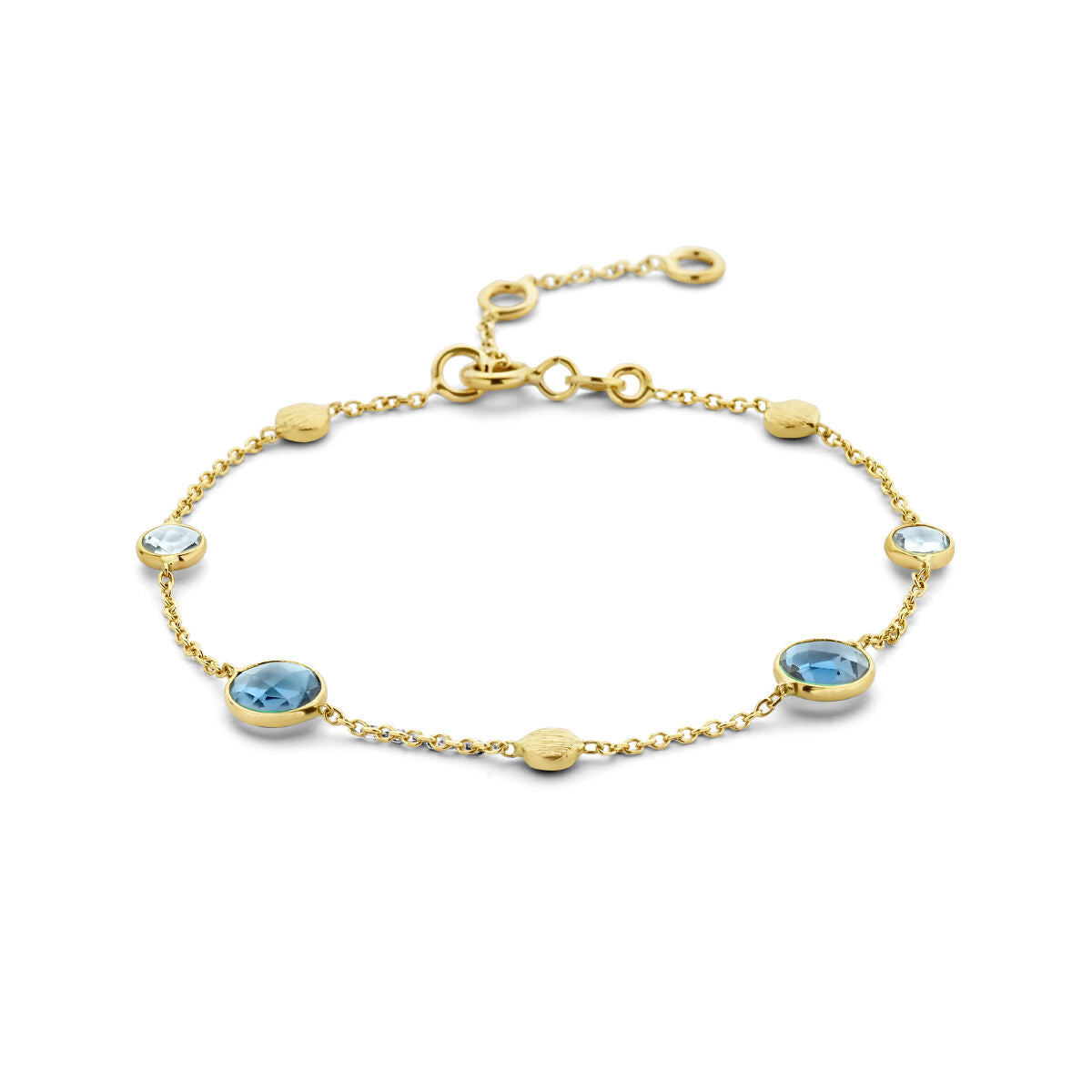 Złota bransoletka z okrągłymi niebieskimi topazami i london blue, wykonana z 14K złota.