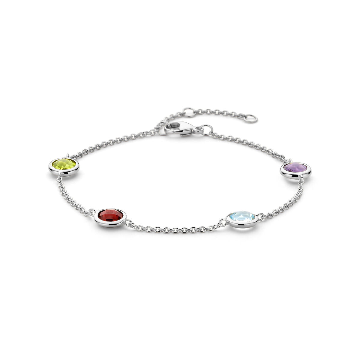 Zilveren armband met kleurstenen, gerhodineerd, voorzien van vier ronde, kleurrijke edelstenen.