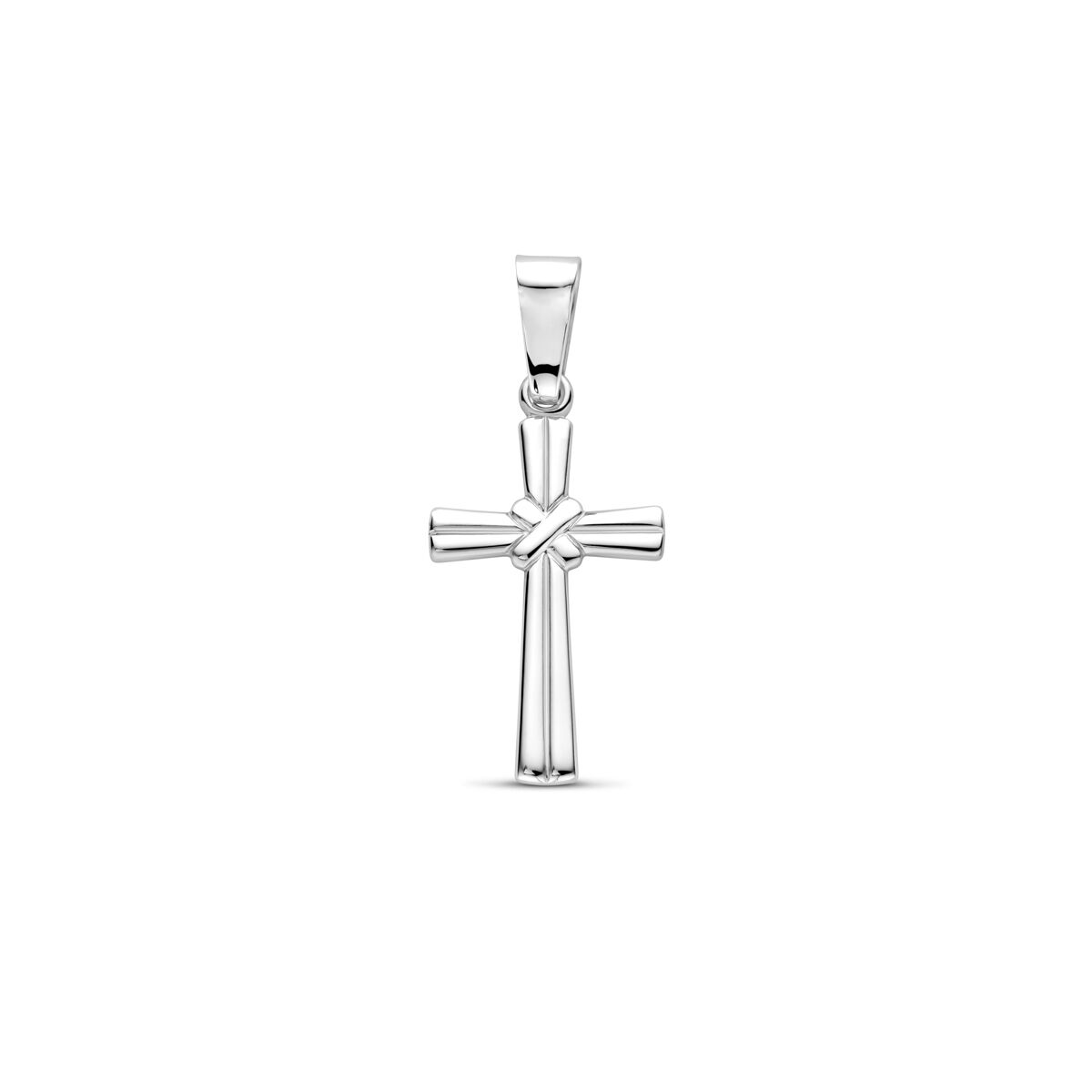 srebrny wisiorek w kształcie krzyża o długości 26 mm, pokryty rhodium.