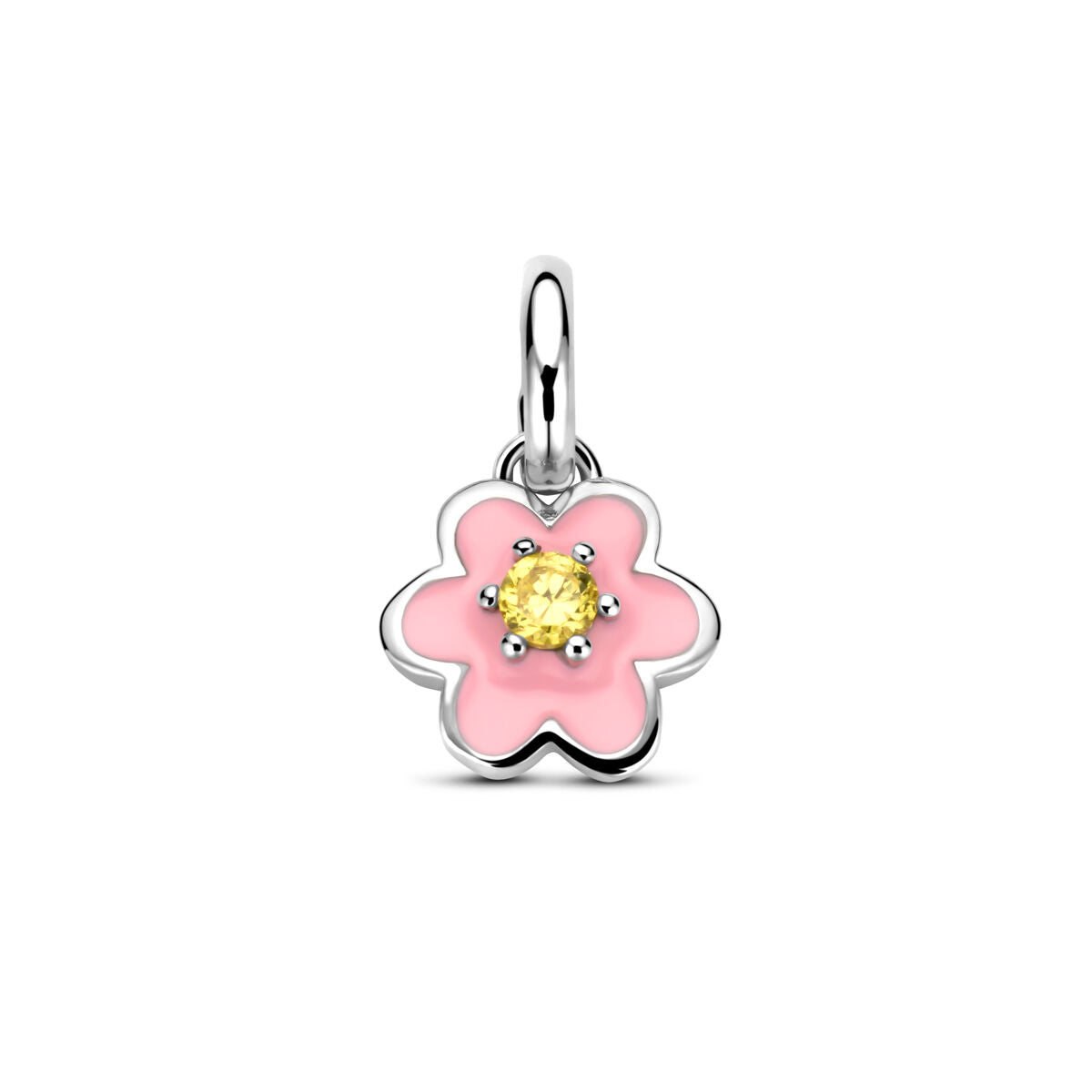 Zilveren hanger in de vorm van een bloem met roze emaille en een gele zirkonia in het midden.