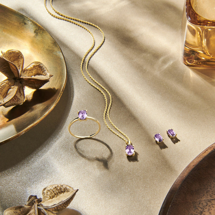 De Van der Kooij Collectie oorknoppen amethist 14K geelgoud zijn uitgestald op een gouden oppervlak met decoratieve schaaltjes en gedroogde stervormige peulen, naast bijpassende dames sieraden zoals een ring en halsketting.