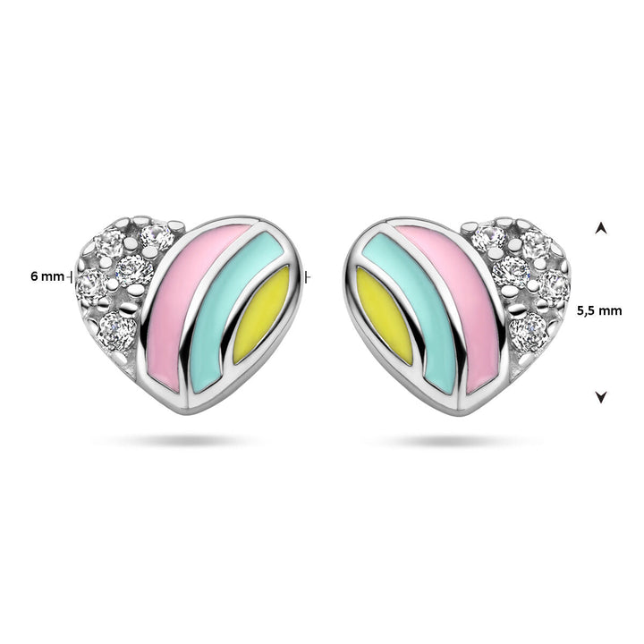 Van der Kooij Collectie oorknoppen hart en zirkonia zilver gerhodineerd: hartvormige studs met roze, gele en aquablauwe pastel emaille strepen, fonkelende zirkonia kristallen, afm. 6 mm x 5,5 mm.