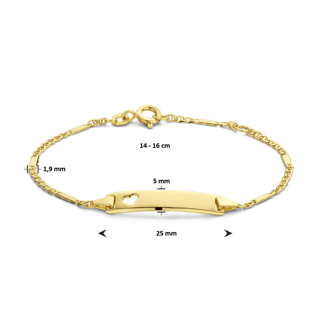 De Van der Kooij Collectie graveerarmband hart plaat 5,0 mm 14K geelgoud heeft een fijne ketting, karabijnsluiting, rechthoekig plaatje met hart uitsnede; lengte: 14-16 cm, plaatje: 25 mm x 5 mm, kettingbreedte: 1,9 mm.