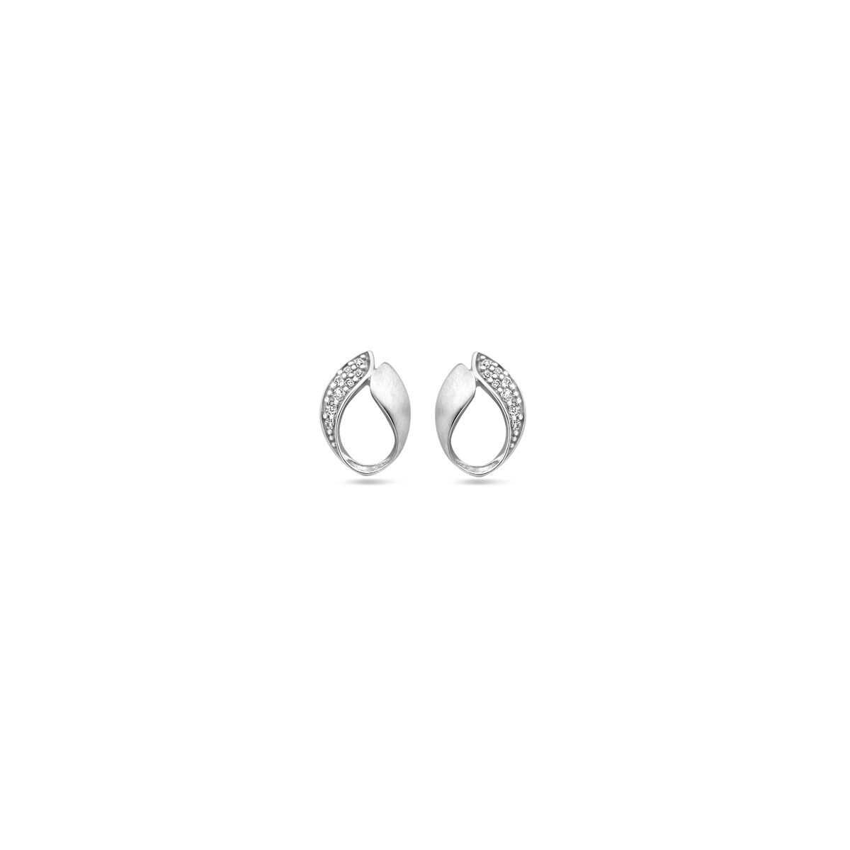 Oorknoppen van gerhodineerd zilver met een poli/matte afwerking en zirkonia, 10,5 mm groot.
