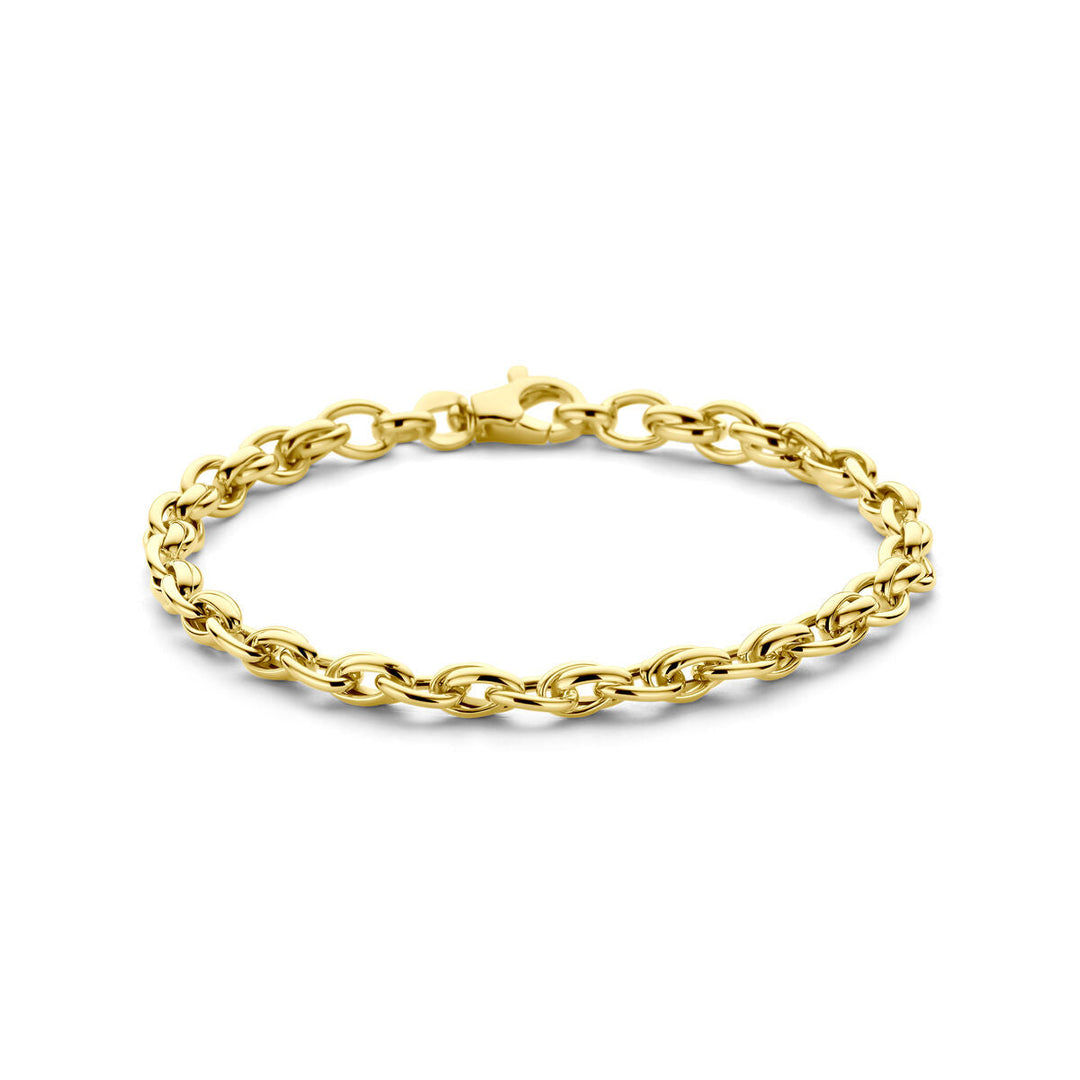 De Gouden armband dames 14K van Van der Kooij Collectie heeft in elkaar grijpende ovale schakels en een karabijnsluiting in 14K geelgoud, afgebeeld op een witte ondergrond.