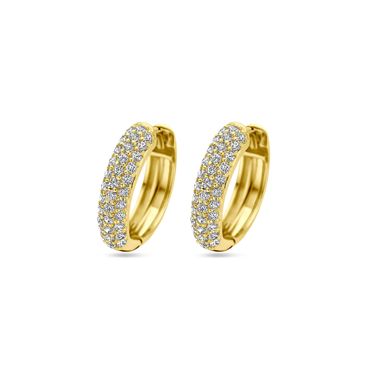 Klapoorringen van 1 micron zilver verguld in geel met een rij zirkonia steentjes.