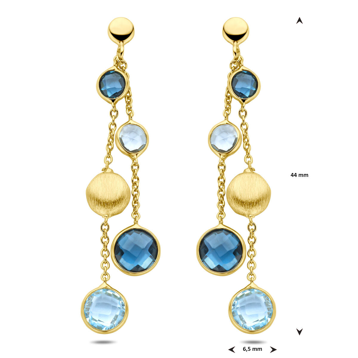 kolczyki kółka, niebieski topaz i londyński niebieski topaz 44 mm 14K żółte złoto