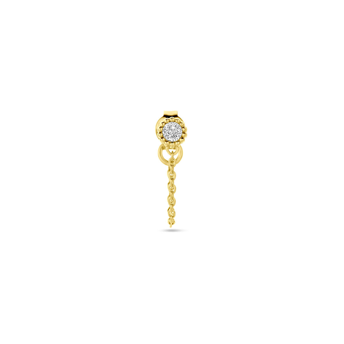 Oorknop van 1 micron verguld zilver met een zirkonia steen en een hangend kettingdetail.